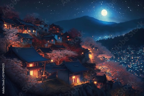 Illustration of The high angle background of the japanese light city at Night in top of hills, Concept for aerial view of night life , colorful background bright and lights, Generative AI