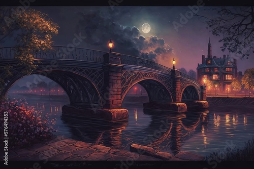 bridge colours starry sky illustration. City night life. AI generative