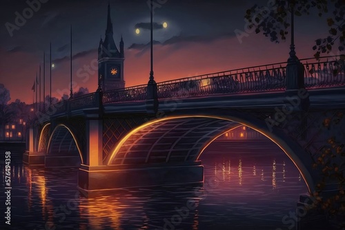 bridge colours starry sky illustration. City night life. AI generative