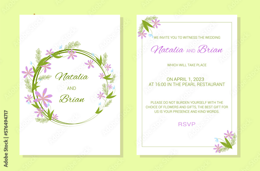Fototapeta premium Wedding invitation template. Flower frame and text. The inscription is decorated with a wreath of flowers. Lilac, blue. pink, green colors. Vector illustration.