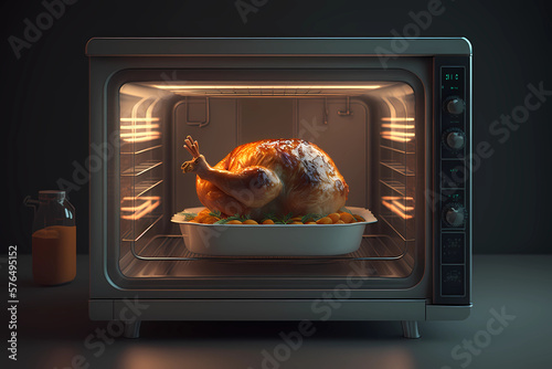 Roasted Turkey Cooking in the Oven for Thanksgiving Dinner (Generative AI)
