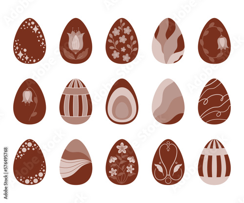 Świąteczne jajka, ozdobne pisanki. Zestaw jajek wielkanocnych w odcieniach brązu i beżu. Ilustracje wektorowe na Wielkanoc.