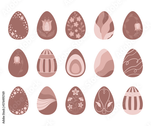 Świąteczne jajka, ozdobne pisanki. Zestaw jajek wielkanocnych w jasnych odcieniach brązu i beżu. Ilustracje wektorowe na Wielkanoc.