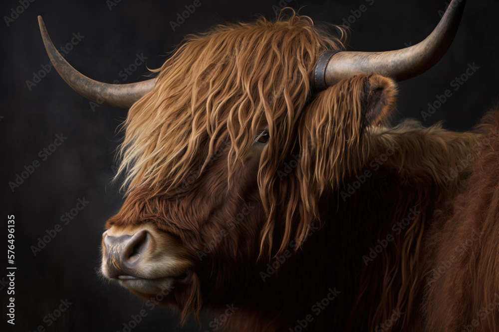 Scottish highland cattle close up. Side view of big brown hairy cow. Generative AI - obrazy, fototapety, plakaty 