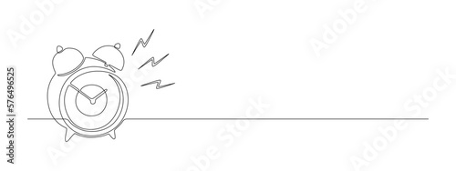 One continuous line drawing of morning alarm clock. Ringing timer watch to wake up in simple linear style. Reminder and school schedule concept. Editable stroke. Doodle outline vector illustration