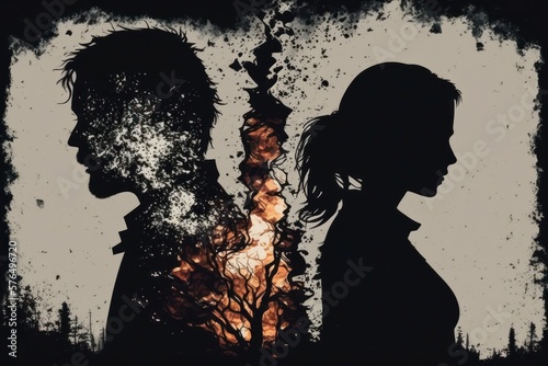 Abstraction on the theme of male infidelity, the silhouette of a couple collapses and turns into ashes. AI generated photo