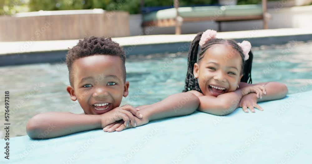 Portrait of happy african american siblings at pool, in slow motion Portrait of happy african american siblings at pool, in slow motion