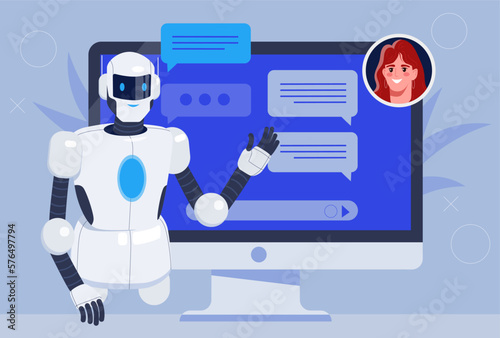 Online chat bot. Robot assistant helps users to solve problems. Artificial intelligence answers customer questions and chats in app or messenger. Digital technologies. Cartoon flat vector illustration