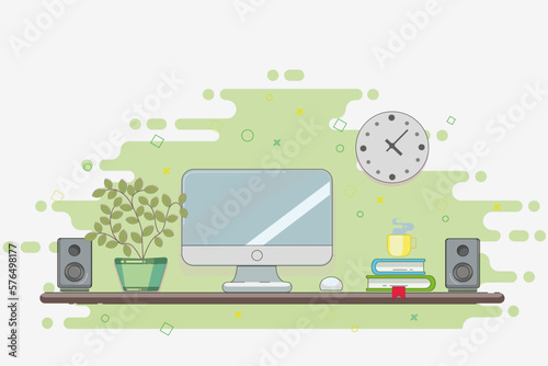 Flat work space illustration computer books on desk