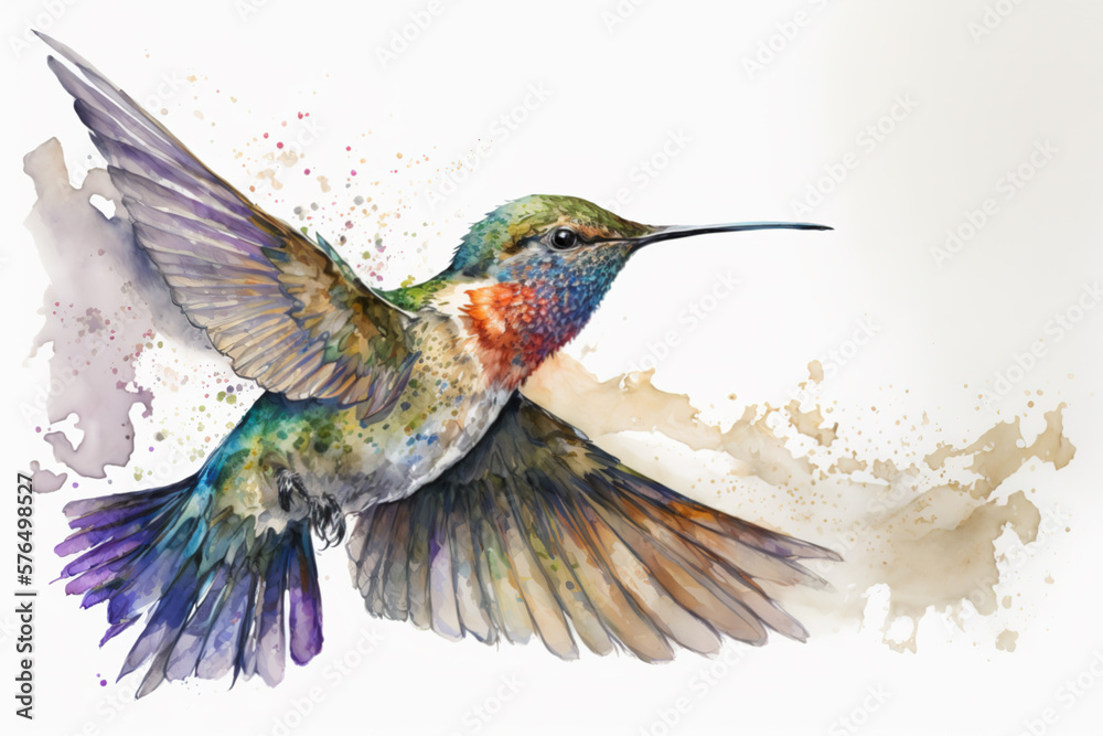 Fototapeta premium Watercolor illustration with tropical hummingbird. High quality illustration. Generative AI.