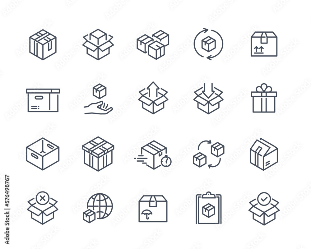 Set of simple linear icons of boxes. Open and closed boxes, parcels and packages for delivery and shipping. Export of cargo and goods. Cartoon flat vector collection isolated on white background - obrazy, fototapety, plakaty 