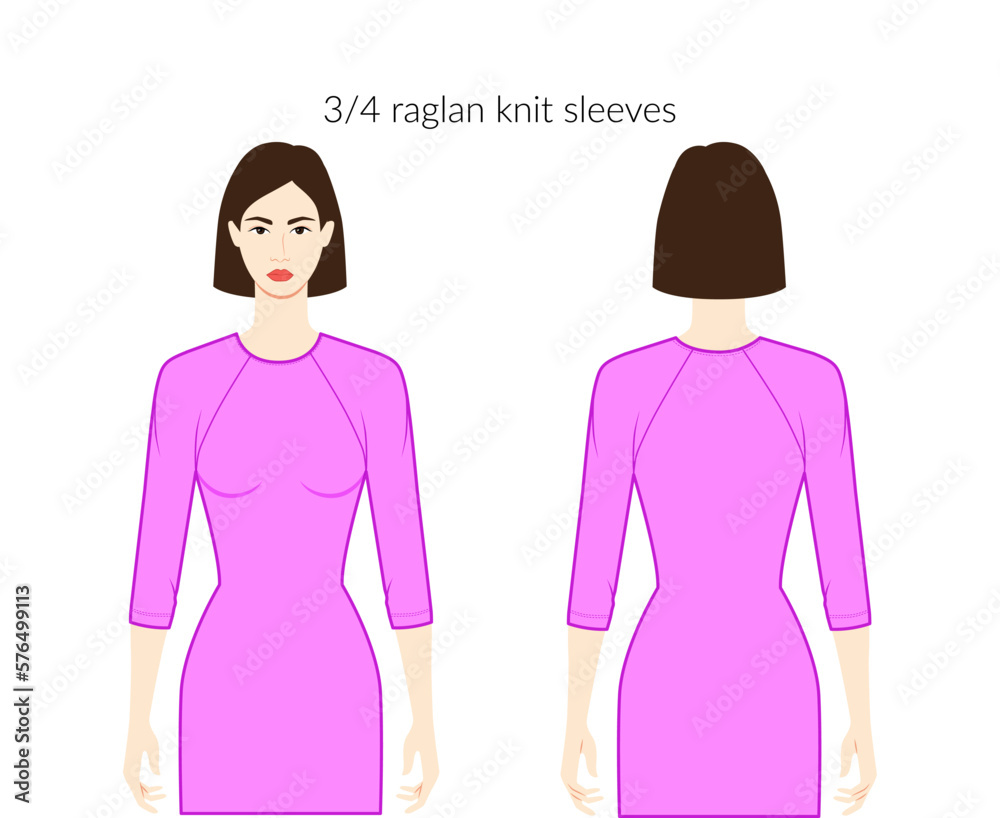 Knit raglan sleeves clothes lady character in magenta dress, top, shirt technical fashion illustration with 3-4 bracelet length. Flat apparel template front, back sides. Women, men unisex CAD mockup Knit raglan sleeves clothes lady character in magenta dress, top, shirt technical fashion illustration with 3-4 bracelet length. Flat apparel template front, back sides. Women, men unisex CAD mockup
