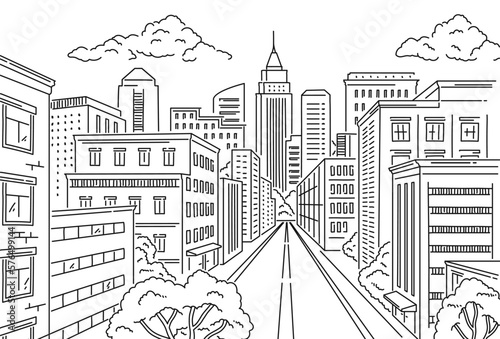 Sketch of city street. Cityscape with skyscrapers, empty road, sidewalk and buildings. Landscape with modern urban architecture. Design element for coloring book. Simple linear vector illustration