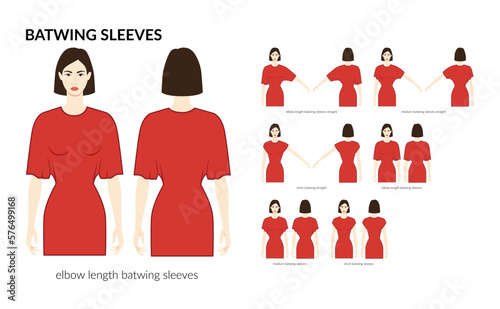 Set of Batwing sleeves clothes elbow, medium, short length technical fashion illustration with fitted body. Flat apparel template front, back sides. Women, men unisex CAD mockup