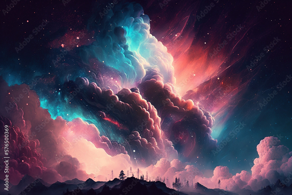 Hills with majestic view of beautiful clouds. Wallpaper Aesthetic. Illustration. Generative AI