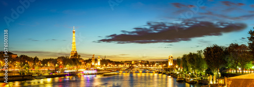 Photography Paris at dusk. Panorama of river Seine