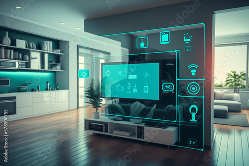 smart home living room management system using augmented reality, future concept, generative ai photo