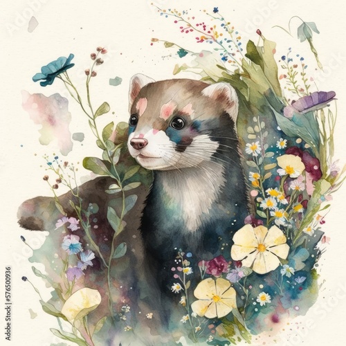 A watercolor portrait of a playful little ferret darting through a thicket of branches and flowers Generative Ai photo