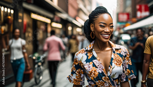 Portrati of a African American Asian woman in a day, in the middle of the street, generative ai