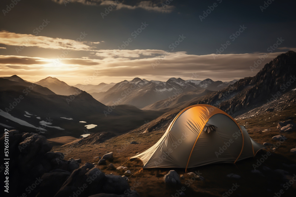 Lonely tent in deserted mountains, lake and river in background, generative ai