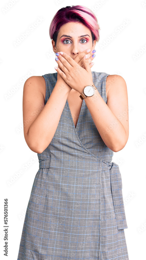Young beautiful woman with pink hair wearing casual clothes shocked covering mouth with hands for mistake. secret concept. Young beautiful woman with pink hair wearing casual clothes shocked covering mouth with hands for mistake. secret concept.