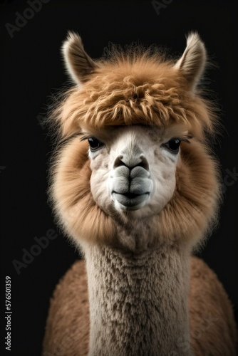 Portrait of an alpaca face on an isolated black background illustrated using generative Ai