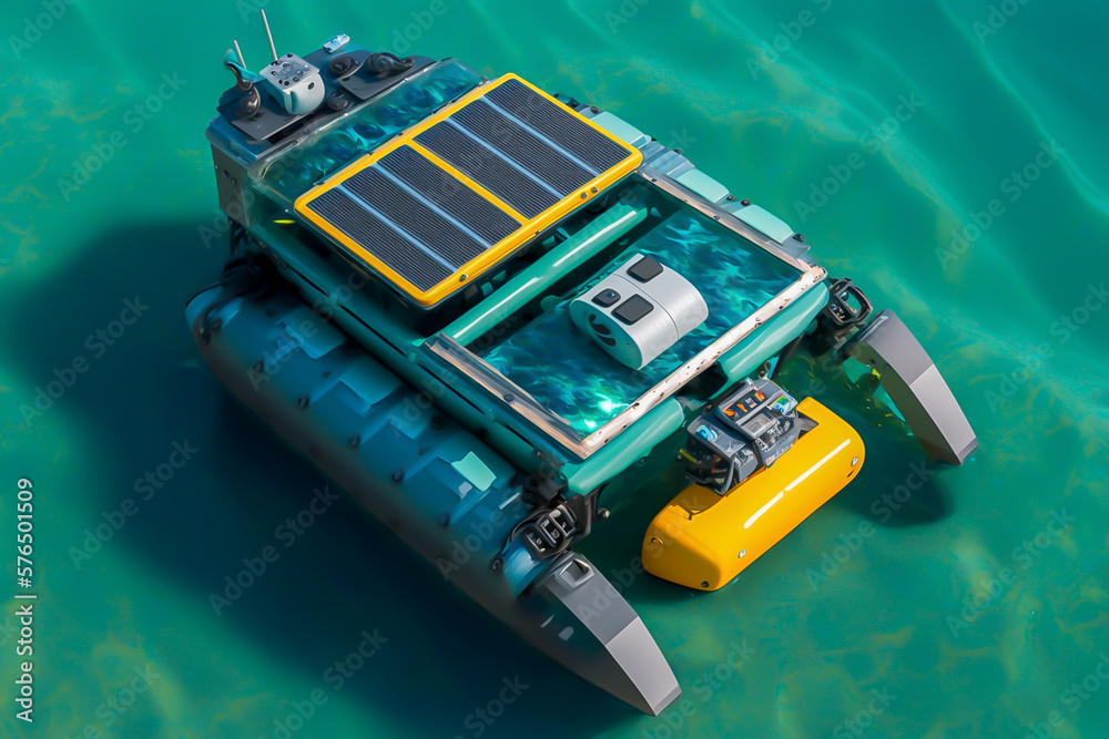 Solar powered autonomous marine robot, capable of collecting plastic pollution, future concept, environment, generative ai