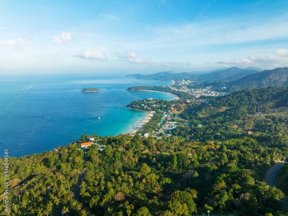 Aerial view drone shot of beautiful landscape 3 bays view point at Kata,Karon beach Viewpoint in Phuket island Thailand,Beautiful landmark travel place view point nature in phuket