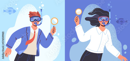 Dive into deep business analysis. Man and woman entrepreneurs with magnifying glass. Finding and solving problems, service improvement, market research and optimization. Cartoon flat vector collection
