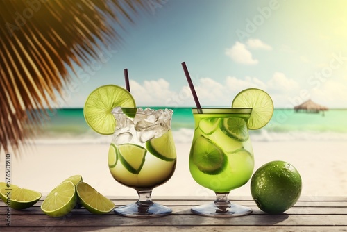 Two caipirinha cocktails on a sunny ocean beach. Generative ai