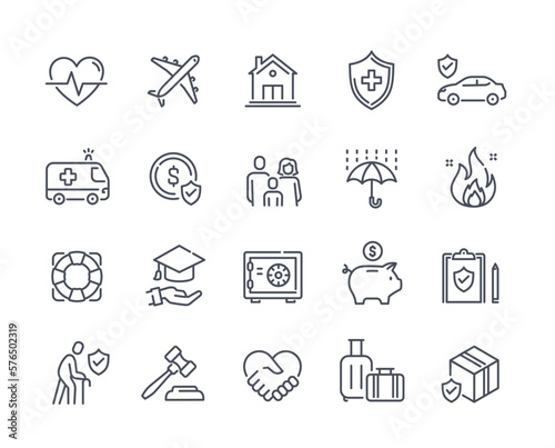 Insurance linear icons set. Protection of property or real estate, health, car or travel insurance, saving money. Design elements for app. Cartoon flat vector collection isolated on white background