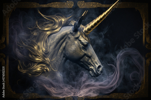 Unicorn with beautiful golden mane. Exclusive luxury expensive antique. Spooky smoke mystery. Vector illustration. Logo symbol mascot icon sign. Black background. Wallpaper Aesthetic. Generative AI