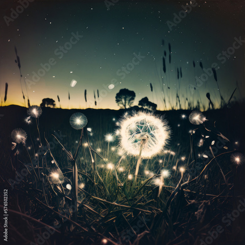 Dandelion flower on dark field about to fall night