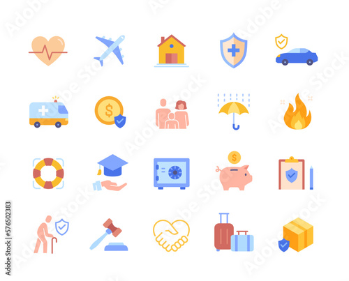 Insurance colorful icons set. Bright stickers with shield, real estate and signed document. Protecting property or health from accidents. Cartoon flat vector collection isolated on white background