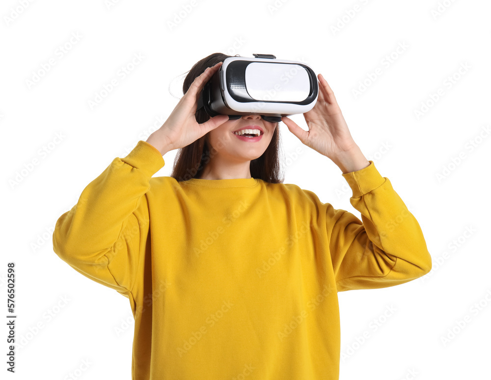 Pretty young woman in VR glasses isolated on white background