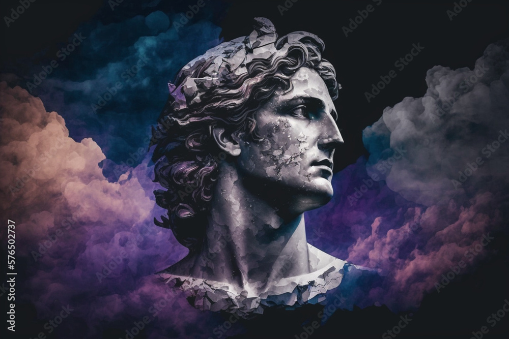Head of a statue of Alexander the Great, with wonderful sky. Wallpaper Aesthetic. Illustration. Generative AI