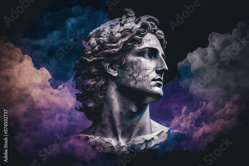 Head of a statue of Alexander the Great, with wonderful sky. Wallpaper Aesthetic. Illustration. Generative AI