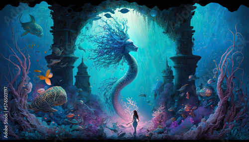 A surreal and fantastical underwater scene with mermaids, seahorses, and colorful coral, creating a sense of magic and wonder, surreal, fantastical, underwater, scene, mermaids, seahorses, coral, magi © Saulo Collado