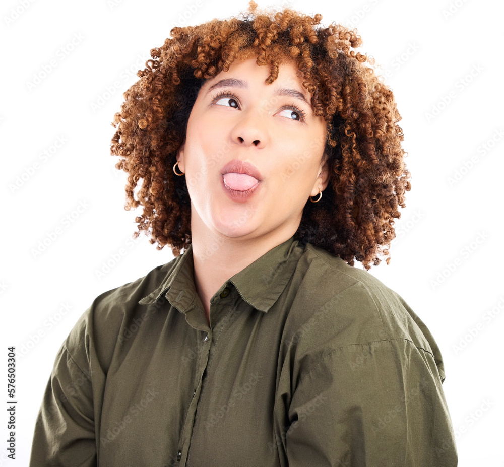Tongue out, funny and woman being silly, fun and excited posing isolated against a studio white background. Trendy, gen z and young female being a crazy comic person or lady with facial expression Tongue out, funny and woman being silly, fun and excited posing isolated against a studio white background. Trendy, gen z and young female being a crazy comic person or lady with facial expression