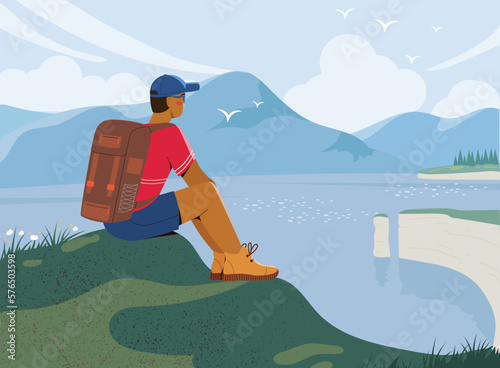 Concept of adventure tourism and travel. Male traveler or climber with backpack sits on hill and looks at mountain landscape with lake. Discovery or exploration. Cartoon flat vector illustration photo