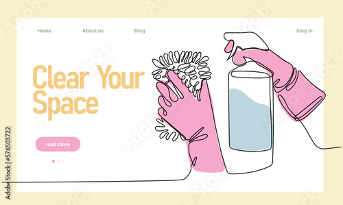 Home cleaning service landing page design concept, illustration of janitors with cleaning tools. Vector illustration