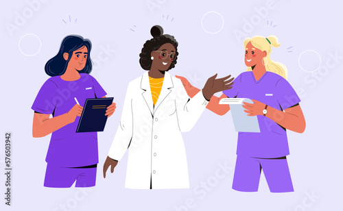 Group of smiling female doctors. Team of girls nurses, therapists or clinic staff with medical cards. Medicine and healthcare. Patient care and disease prevention. Cartoon flat vector illustration