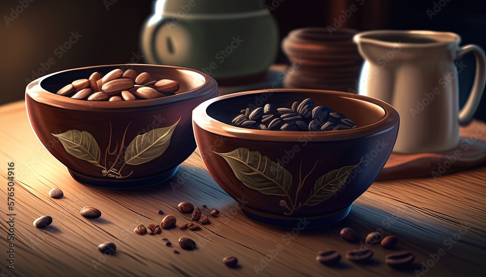 Coffee bean and powder-filled bowls ready for a morning Coffee bean and powder-filled bowls ready for a morning