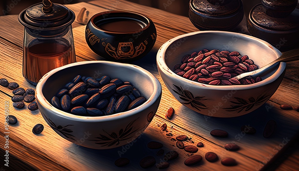 Coffee bean and powder-filled bowls ready for a morning Coffee bean and powder-filled bowls ready for a morning