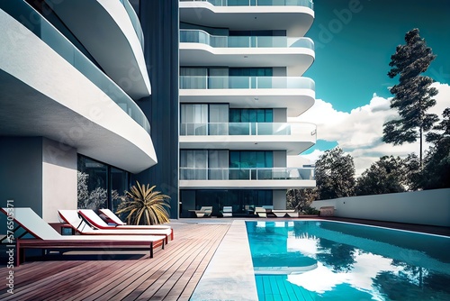 Modern luxury apartment building with swimming pool and terrace
