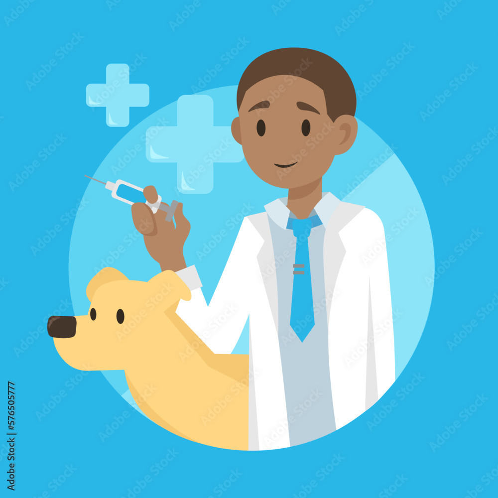 Vet holding a syringe to vaccinate a yellow dog Vet holding a syringe to vaccinate a yellow dog