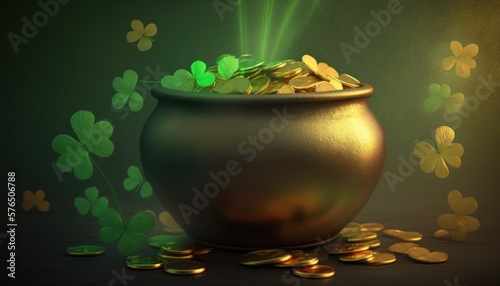 Filling the pot with gold coins and shamrock, St. Patricks day concept