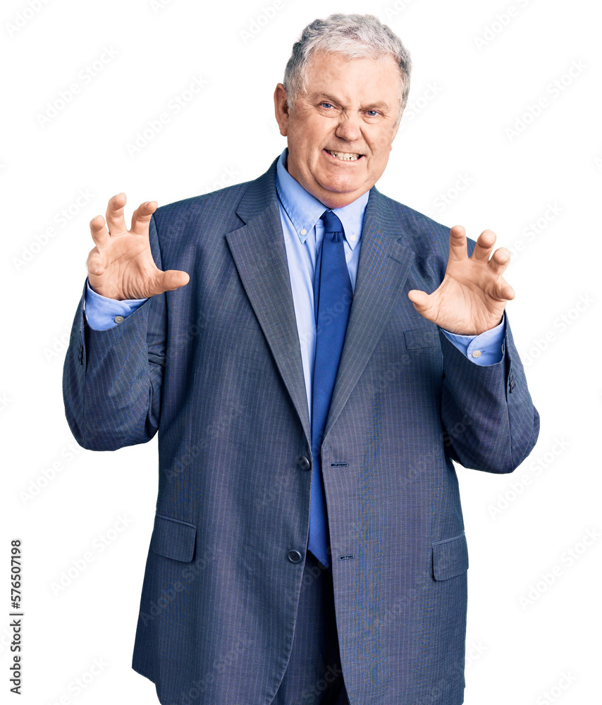 Senior grey-haired man wearing business jacket smiling funny doing claw gesture as cat, aggressive and sexy expression Senior grey-haired man wearing business jacket smiling funny doing claw gesture as cat, aggressive and sexy expression