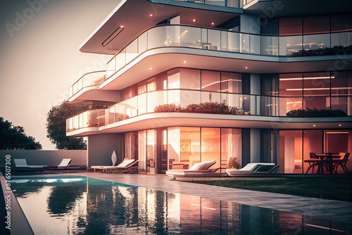 Modern luxury apartment building with swimming pool and terrace