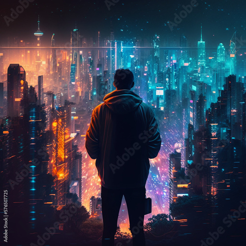 a human looks out over a highly technologically connected city, Generative AI